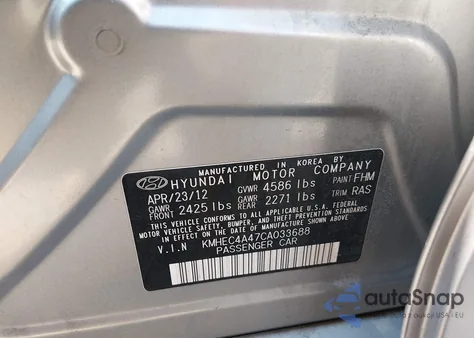 2012 Hyundai Sonata Hybrid z USA, uszkodzony, nr VIN KMHEC4A47CA033688